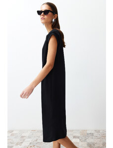Trendyol Black 100% Cotton Moon Sleeve Shift/Comfortable Cut Midi Knitted Midi Dress