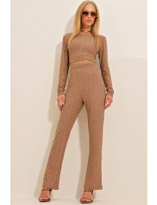 Trend Alaçatı Stili Women's Brown Patterned Crop, Blouse And Pants Double Set