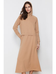 Trendyol Camel Hooded Knitted Sweat Dress