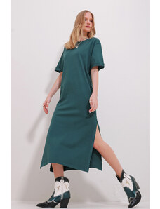 Trend Alaçatı Stili Women's Green Crew Neck Double Sleeve Slit Dress