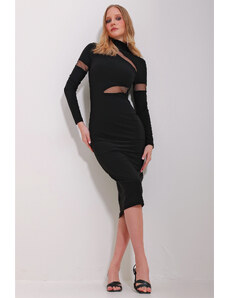 Trend Alaçatı Stili Women's Black High Neck Tulle Detailed Midi Length Dress