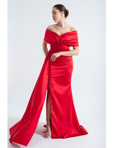 Lafaba Women's Red Boat Neck Slit Long Evening Dress