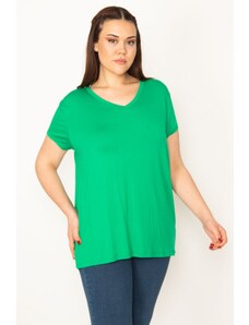 Şans Women's Plus Size Green V-Neck Short Sleeve Blouse