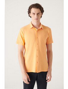 Avva Men's Orange Jacquard Knitted Short Sleeve Shirt