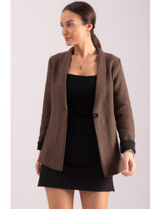 armonika Women's Light Brown Herringbone Pattern Sleeve Fold Single Button Cachet Jacket