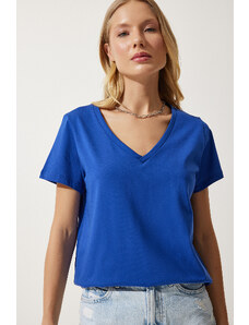 Happiness İstanbul Women's Blue V Neck Basic Knitted T-Shirt