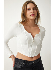 Happiness İstanbul Women's White Zipper Ribbed Crop Blouse