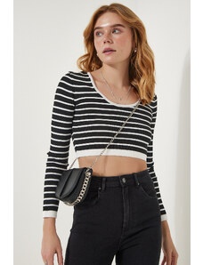 Happiness İstanbul Women's Black Striped Ribbed Crop Knitwear Blouse