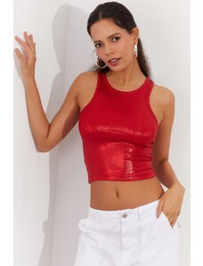 Cool & Sexy Women's Red Metallic Crop Blouse