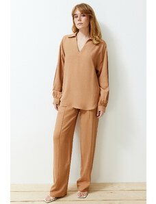 Trendyol Camel Wide-Fit V-Neck Blouse Straight/Straight Cut Trousers Woven Two Piece Set