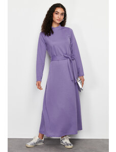 Trendyol Lilac Stand Collar Straight Belted Knitted Dress