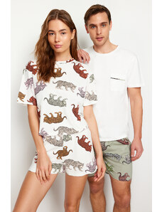 Trendyol Ecru Regular Fit Animal Patterned Couple Knitted Shorts Pajamas Set