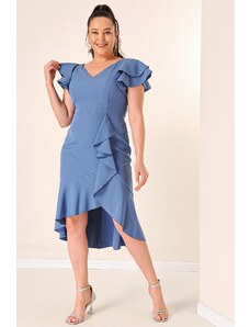 By Saygı Midi Length Lined Plus Size Dress with Double Flounce Sleeves