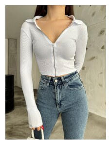 BİKELİFE Women's Zipper Polo Neck Ribbed Long Sleeve Camisole Crop Blouse