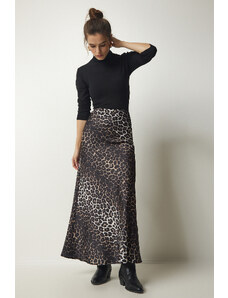 Happiness İstanbul Women's Black Leopard Patterned Maxi Satin Skirt