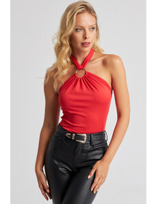 Cool & Sexy Women's Red Tie Neck Ringed Crop Blouse