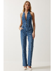 Happiness İstanbul Women's Blue Snap Neck Denim Jumpsuit