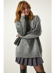 Happiness İstanbul Medium Gray Premium Diamond Pattern Oversize Knitwear Sweater