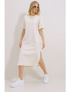 Trend Alaçatı Stili Women Ecru Crew Neck Double Sleeve Slit Dress