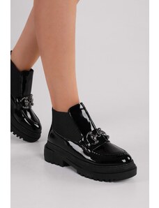 Shoeberry Women's Tastor Black Patent Leather Buckle Boots Loafer Black Patent Leather
