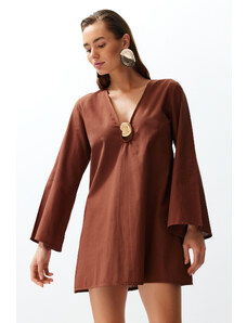 Trendyol Brown Mini 100% Cotton Beach Dress with Woven Accessories
