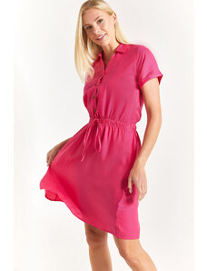 armonika Women's Fuchsia Elastic Waist Short Sleeve Shirt Dress