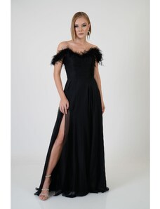 Carmen Black Feathered Slit Chiffon Evening Dress