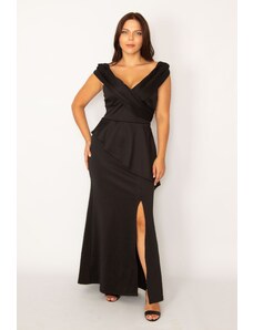 Şans Women's Plus Size Black Wrapover Neckline Ruffles at the Waist Long Evening Dress with a Front Slit