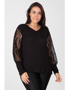 Şans Women's Plus Size Black Tulle Flocked Sleeves Blouse