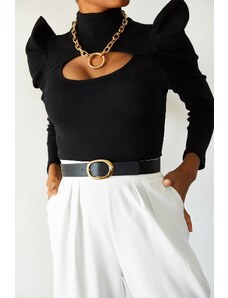 XHAN Women's Black Degaje Detailed High Shoulder Blouse