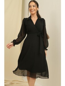 By Saygı Double Breasted Polo Neck Lined Chiffon Dress with Tie Waist