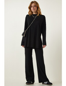 Happiness İstanbul Women's Black Ribbed Knitted Blouse Pants Suit