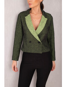 armonika Women's Pistachio Green Double Breasted Collar Two Color Stitched Crop Jacket