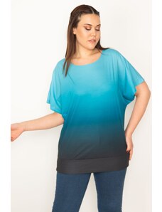 Şans Women's Plus Size Turquoise Tie-Dye Patterned Low Sleeve Hem Tape Blouse
