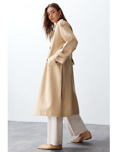 Trendyol Beige Oversize Wide Fit Soft Textured Long Trench Coat with Belt