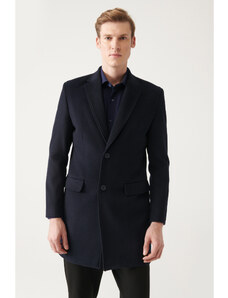 Avva Men's Navy Blue Slit Woolen Cachet Comfort Fit Relaxed Cut Coat