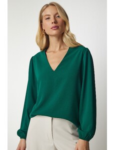 Happiness İstanbul Women's Emerald Green V-Neck Crepe Blouse
