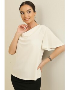 By Saygı Clutch Collar Crystal Fabric Short Sleeve Blouse