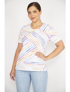 Şans Women's Colorful Plus Size Cotton Fabric Crew Neck Short Sleeve Blouse