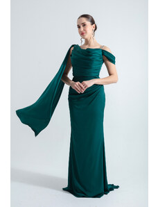 Lafaba Women's Emerald Green One-Shoulder Stone Strap Long Satin Evening Dress