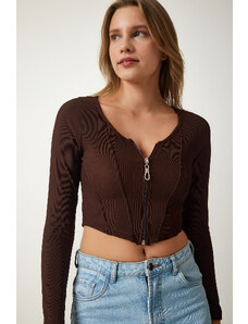 Happiness İstanbul Women's Brown Zippered Ribbed Crop Blouse