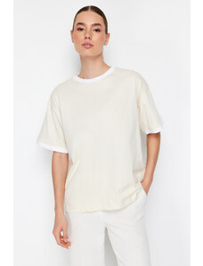 Trendyol Stone 100% Cotton Contrast Collar and Stripe Detail Oversize/Casual Fit Knitted T-Shirt