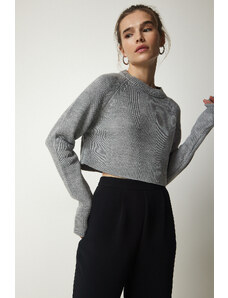 Happiness İstanbul Women's Gray Crew Neck Crop Knitwear Sweater
