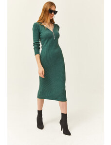 Olalook Women's Green V-Neck Zippered Thick Ribbed Midi Dress