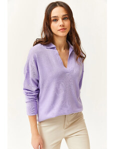 Olalook Women's Lilac Polo Neck Fine Knitwear Sweater
