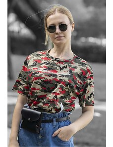 Madmext Mad Girls Red Camouflage Patterned Printed T-Shirt Mg457