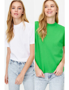 Trendyol Green-White 2-Pack Basic High Neck Knitted T-Shirt