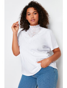 Trendyol Curve White Embroidered Stand Collar Basic Mold Cotton Knitted Blouse