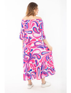 Şans Women's Plus Size Colorful Collar Elastic Woven Viscose Fabric Layered Dress