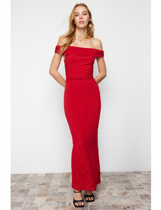 Trendyol Red Maxi Fitted Carmen Neck Stretchy Knitted Maxi Dress